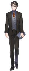 Rule 34 | 1boy, artist request, black-framed eyewear, black eyes, black footwear, black hair, black jacket, black pants, blouse, blue shirt, business suit, closed mouth, dress shoes, formal, glasses, highres, holding, holding tablet pc, jacket, long sleeves, looking at viewer, male focus, necktie, nijisanji, nijisanji id, official art, pants, shirt, smile, solo, standing, straight-on, suit, tablet pc, tachi-e, taka radjiman, transparent background, virtual youtuber