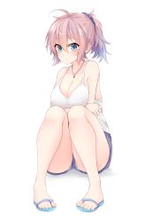 Rule 34 | 10s, 1girl, alternate costume, aoba (kancolle), bad id, bad pixiv id, blue eyes, breasts, cleavage, highres, jewelry, kantai collection, messy hair, necklace, panties, panty peek, ponytail, purple hair, sandals, simple background, sitting, solo, suruga (xsurugax), tank top, underwear, white background
