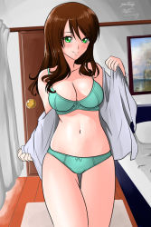 Rule 34 | 1girl, artist name, bed, bedroom, bow, bow bra, bow panties, bra, breasts, brown hair, cleavage, closed mouth, cowboy shot, crotch seam, curtains, door, drawing (object), dress shirt, green bra, green eyes, green panties, indoors, large breasts, long hair, long sleeves, looking at viewer, matsui yasutsugu, mature female, navel, no pants, off shoulder, open clothes, open shirt, opened by self, original, panties, shirt, signature, smile, solo, standing, swept bangs, thigh gap, thighs, underwear, white shirt, wooden floor