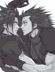 Rule 34 | 2boys, aged down, aged up, armor, black hair, blue eyes, blush, crisis core final fantasy vii, earrings, final fantasy, final fantasy vii, final fantasy vii remake, gloves, greyscale, hair slicked back, hand on another&#039;s shoulder, jewelry, looking at another, male focus, medium hair, monochrome, multiple boys, muscular, muscular male, parted bangs, parted lips, selfcest, shoulder armor, sideburns, single earring, sleeveless, sleeveless turtleneck, spiked hair, spot color, spykeee, suspenders, turtleneck, white background, zack fair