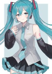 Rule 34 | 1girl, absurdres, aqua eyes, aqua hair, aqua necktie, black skirt, blue background, border, closed mouth, collared shirt, cowboy shot, detached sleeves, grey shirt, hand on own chest, hatsune miku, headset, highres, looking at viewer, necktie, number tattoo, pleated skirt, shiratakiseaice, shirt, skirt, smile, solo, standing, tattoo, twintails, vocaloid, white border
