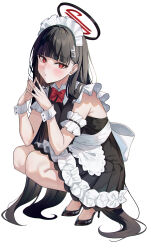 Rule 34 | 1girl, absurdres, alternate costume, apron, bakoko, black dress, black footwear, black hair, blue archive, blush, breasts, closed mouth, dress, enmaided, frilled apron, frills, full body, hair ornament, hairpin, halo, high heels, highres, large breasts, long hair, looking at viewer, maid, maid apron, maid headdress, red eyes, rio (blue archive), simple background, sleeveless, sleeveless dress, solo, squatting, white apron, white background