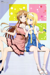 Rule 34 | 2girls, :o, absurdres, alice zuberg, arm hug, asuna (sao), bare legs, between legs, blonde hair, blue dress, blue eyes, blue footwear, blue ribbon, blush, body blush, bracelet, braid, braided ponytail, breasts, brown eyes, collarbone, collared dress, dress, eyes visible through hair, female focus, hair between eyes, hair ribbon, hairband, hand between legs, hand on floor, high heels, highres, hug, indoors, jewelry, large breasts, legs, light brown hair, locked arms, long hair, looking at another, magazine scan, medium breasts, megami magazine, multiple girls, nail, necklace, official art, open hand, pink dress, ribbed dress, ribbon, sandals, scan, short dress, short sleeves, side-by-side, single braid, sitting, small breasts, smile, sword art online, sword art online: alicization, toenails, toes, tongue, white dress, white footwear, white hairband, yokota takumi