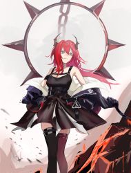 Rule 34 | 1girl, absurdres, arknights, black dress, black thighhighs, chain, collar, demon girl, demon horns, dress, feet out of frame, floating hair, highres, horns, jacket, long hair, looking to the side, off shoulder, open clothes, open jacket, purple eyes, red hair, rhodes island logo (arknights), solo, spiked collar, spikes, surtr (arknights), thighhighs, yaruyan