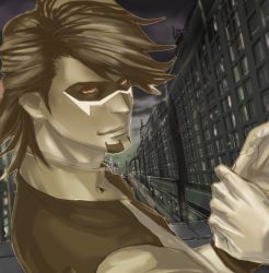 Rule 34 | 10s, 1boy, bad id, bad pixiv id, brown eyes, brown hair, city, cityscape, domino mask, facial hair, hematite, kaburagi t. kotetsu, male focus, mask, muted color, necktie, night, road, short hair, solo, street, stubble, tiger &amp; bunny, vest, waistcoat