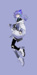 Rule 34 | 1boy, ankle boots, aqua hair, artist name, black pants, black shirt, blouse, blue background, blue eyes, blue fire, boots, breastless clothes, collared shirt, fire, floating, full body, hair between eyes, hair bun, highres, hitodama, holostars, hood, hooded jacket, jacket, long hair, looking at viewer, looking to the side, male focus, minase rio, mono (bluesky), multicolored hair, open mouth, pants, purple hair, shirt, simple background, single hair bun, skeleton print, sleeves past wrists, solo, streaked hair, symbol-only commentary, torn clothes, torn pants, untucked shirt, virtual youtuber, white footwear, white jacket