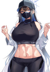 Rule 34 | 1girl, absurdres, bare shoulders, black hair, black pants, blue archive, blue eyes, blush, breasts, coat, covered mouth, halo, hands up, highres, large breasts, long hair, long sleeves, looking at viewer, mask, mouth mask, namazu (yamasonson), navel, off shoulder, pants, saori (blue archive), simple background, solo, stomach, toned, white background, white coat