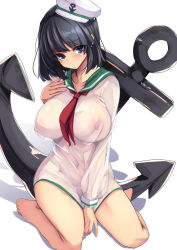 Rule 34 | 1girl, anchor, anchor symbol, barefoot, black hair, blue eyes, blush, breasts, commentary, covered erect nipples, covered navel, hat, head tilt, highres, hishaku, large breasts, looking at viewer, murasa minamitsu, navel, nipples, sailor, sailor collar, sailor hat, see-through, see-through shirt, short hair, simple background, sitting, solo, textless version, touhou, translated, wariza, white background, yukito (dreamrider)