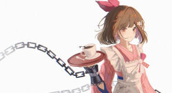 Rule 34 | 1girl, absurdres, apron, blunt bangs, bow, brown eyes, brown hair, chain, coffee, coffee cup, cuffs, cup, disposable cup, flower, frilled apron, frills, hair bow, hair flower, hair ornament, hand up, highres, holding, holding tray, japanese clothes, kimono, looking at viewer, maid, pink flower, pink kimono, red bow, reverse:1999, satsuki (reverse:1999), saucer, short hair, smile, solo, spoon, striped clothes, striped kimono, tray, upper body, vertical-striped clothes, vertical-striped kimono, wa maid, white apron, white background, yena s