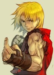 Rule 34 | 1boy, blonde hair, brown eyes, capcom, dougi, eyebrows, fighting stance, fingerless gloves, gloves, hungry clicker, ken masters, male focus, muscular, pointing, simple background, sleeveless, smile, solo, street fighter, taunting