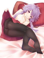 Rule 34 | 1girl, ahoge, alternate costume, ass, ayamori mimi, black pantyhose, closed mouth, clothes lift, crotch seam, feet, highres, legs, lifted by self, long hair, long sleeves, looking at viewer, low twintails, lying, medium skirt, no shoes, on side, panties, panties under pantyhose, pantyhose, pillow, pleated skirt, polka dot, polka dot pillow, purple eyes, purple hair, red skirt, skirt, skirt lift, sleeves past wrists, smile, solo, sweater, thighband pantyhose, twintails, underwear, upskirt, vocaloid, voiceroid, yellow sweater, yuzuki yukari