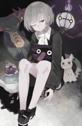 Rule 34 | 1girl, absurdres, black footwear, black jacket, brown eyes, chandelure, closed mouth, collared shirt, commentary request, creatures (company), dragapult, dress shirt, game freak, gen 1 pokemon, gen 5 pokemon, gen 7 pokemon, gen 8 pokemon, gengar, grey hair, half-closed eye, highres, holding, holding poke ball, jacket, knees up, long sleeves, luxury ball, mimikyu, nintendo, odd one out, ogami ren, one eye closed, open clothes, open jacket, original, poke ball, pokemon, pokemon (creature), polteageist, shellder, shirt, shoes, sitting, white shirt