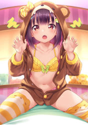 Rule 34 | 1girl, animal ears, animal hood, backlighting, bear ears, bear hood, black hair, bob cut, bow, bra, brown jacket, commentary request, cowboy shot, curled fingers, ear bow, ears visible through hair, fang, flat chest, highres, hood, hooded jacket, hoodie, inou shin, jacket, looking at viewer, original, red eyes, short hair, sitting, skin fang, solo, spread legs, striped clothes, striped thighhighs, stuffed animal, stuffed toy, teddy bear, thighhighs, thighs, underwear, white thighhighs, yellow bra, yellow thighhighs