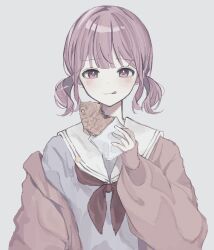 Rule 34 | 1girl, blunt bangs, blush, cardigan, closed mouth, commentary request, food, grey background, grey serafuku, grey shirt, highres, licking lips, long sleeves, looking at viewer, miyamasuzaka girls&#039; academy school uniform, muted color, neckerchief, niaa, ootori emu, pink cardigan, pink eyes, pink hair, project sekai, puffy sleeves, red neckerchief, sailor collar, school uniform, serafuku, shirt, short hair, sidelocks, simple background, smile, solo, taiyaki, tongue, tongue out, twintails, upper body, wagashi, white sailor collar