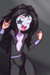 Rule 34 | 1girl, black background, black bodysuit, black hair, bodysuit, closed eyes, cosplay, crossover, daphne ann blake, drantyno, facepaint, hanna-barbera, highres, kiss (rock band), long hair, long sleeves, m/, open mouth, paul stanley, paul stanley (cosplay), purple shirt, scooby-doo, scooby doo and kiss: rock and roll mystery, shirt, smile, standing, star (symbol), teeth, tongue, tongue out