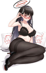 Rule 34 | 1girl, absurdres, adjusting eyewear, ayloss, black bra, black footwear, black hair, black pantyhose, blue archive, blush, bra, breasts, commentary, glasses, hair ornament, halo, high heels, highres, large breasts, long hair, looking at viewer, lying, navel, on side, panties, panties under pantyhose, pantyhose, pillow, red-framed eyewear, red eyes, rio (blue archive), semi-rimless eyewear, solo, straight hair, thighband pantyhose, under-rim eyewear, underwear, underwear only, white background