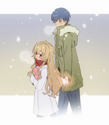 Rule 34 | 1boy, 1girl, absurdres, aisaka taiga, blue hair, blush, brown eyes, coat, couple, green coat, highres, holding hands, light brown hair, long hair, looking at another, majiang, open mouth, red scarf, scarf, snowflakes, snowing, takasu ryuuji, toradora!, white coat, winter clothes