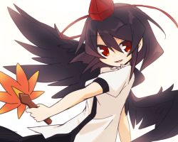 Rule 34 | 1girl, black hair, black skirt, black wings, feathered wings, hair between eyes, hand fan, hat, hauchiwa, holding, holding fan, looking at viewer, mei mu, open mouth, red eyes, red hat, shameimaru aya, shirt, short hair, short sleeves, simple background, skirt, smile, solo, tokin hat, touhou, upper body, white background, white shirt, wings