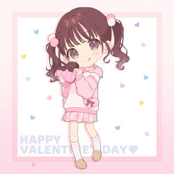 Rule 34 | 1girl, :p, blush stickers, brown hair, candy, chibi, chocolate, chocolate heart, food, fur collar, fur sleeves, hair bobbles, hair ornament, happy valentine, head tilt, heart, heart-shaped pupils, highres, holding, holding chocolate, holding food, hood, hoodie, loafers, long hair, looking at viewer, mameyanagi, original, pink eyes, plaid, plaid skirt, pleated skirt, pom pom (clothes), pom pom hair ornament, shoes, skirt, smile, socks, solo, symbol-shaped pupils, tongue, tongue out, twintails, valentine