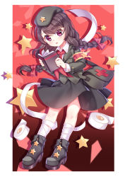 Rule 34 | 1girl, black skirt, book, boots, braid, brown hair, girls&#039; frontline, high heel boots, high heels, holding, holding book, kan (rainconan), long hair, looking at viewer, neckerchief, open book, parted lips, pink eyes, red background, red neckerchief, skirt, solo, star (symbol), twin braids, type 56 carbine (girls&#039; frontline)