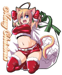 Rule 34 | 1girl, ahoge, animal ears, bag, belt, blonde hair, blue eyes, blush, boots, bow, breasts, cat ears, cat tail, christmas, curvy, elbow gloves, english text, gloves, hair bow, kneeling, large breasts, long hair, merry christmas, navel, open mouth, original, pudding (tonpuu), ribbon, santa costume, smile, solo, tail, thigh boots, thighhighs, tonpuu, twintails