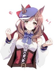 Rule 34 | 1girl, animal ears, belt, blonde hair, blue bow, blue bowtie, blush, bow, bowtie, breasts, brown hair, center frills, clenched hands, closed mouth, clothing cutout, collared shirt, corset, cropped torso, ears through headwear, frills, hair ornament, hairclip, hat, highres, horse ears, long hair, long sleeves, matikane tannhauser (umamusume), medium breasts, mimi (usausamm5), multicolored hair, shirt, shoulder cutout, simple background, sleeveless, sleeveless jacket, smile, solo, streaked hair, twitter username, umamusume, upper body, white background, white shirt
