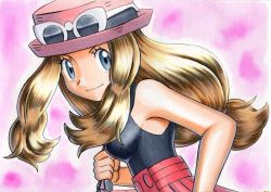 Rule 34 | 1girl, bag, bare arms, black shirt, brown hair, closed mouth, commentary request, creatures (company), eyelashes, eyewear on headwear, game freak, hair tie, handbag, hat, holding strap, long hair, looking at viewer, nintendo, oka mochi, pink background, pink bag, pleated skirt, pokemon, pokemon xy, purple hat, red skirt, serena (pokemon), shirt, skirt, sleeveless, sleeveless shirt, smile, solo, sunglasses, traditional media, white-framed eyewear