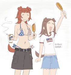 2girls :d american_flag american_flag_bikini american_flag_print american_flag_shirt animal_ear_piercing animal_ears bikini carabiner cargo_shorts cigarette commentary corn_dog denim denim_shorts dog_ears dog_girl dog_tail ear_piercing english_commentary fang flag_print highres hitsuji_(hitsujigoods) holding holding_cigarette keyring mitsu_(hitsujigoods) multiple_girls navel_piercing o-ring o-ring_bikini open_mouth original piercing print_bikini print_shirt shirt shorts smile smoke smoke_trail swimsuit tail vivi_(hitsujigoods)