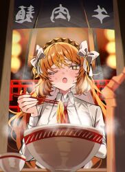 Rule 34 | 1girl, chopsticks, green eyes, highres, holding, holding chopsticks, ishmael (project moon), limbus company, looking at viewer, mu46016419, necktie, orange hair, project moon, red necktie, ribbon, shirt, solo, white ribbon, white shirt