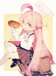 Rule 34 | 1girl, ahoge, artist name, black footwear, black skirt, blue archive, blue eyes, blue necktie, blush, collared shirt, commentary request, food, food on face, hair between eyes, halo, heterochromia, highres, holding, holding food, hoshino (blue archive), hot dog, kasuga haruhi, long hair, long sleeves, necktie, open mouth, pink hair, pleated skirt, shirt, shoes, signature, sitting, skirt, smile, socks, solo, white shirt, white socks, yellow eyes
