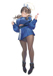 Rule 34 | absurdres, animal ears, belt pouch, bingansuan jiamouren, blue archive, blue skirt, blue sweater, boots, breasts, candy, cropped sweater, fake animal ears, food, glasses, grey-framed eyewear, hair ornament, halo, highres, holding, holding candy, holding food, holding lollipop, large breasts, light brown hair, lollipop, moe (blue archive), pantyhose, pom pom (clothes), pom pom hair ornament, pouch, rabbit ears, round eyewear, skirt, sweater, turtleneck, turtleneck sweater, twintails, two-tone skirt, white skirt, yellow eyes