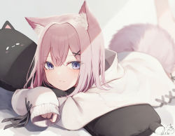 Rule 34 | 1girl, animal ear fluff, animal ears, blue eyes, blurry, blurry background, blush, brown hair, cat-shaped pillow, closed mouth, commentary request, dated, depth of field, hair between eyes, hair ornament, hairclip, highres, hood, hood down, hoodie, long sleeves, looking at viewer, lying, mayogii, hugging object, on stomach, original, pillow, pillow hug, signature, sleeves past fingers, sleeves past wrists, smile, solo, tail, white hoodie, x hair ornament