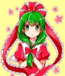 Rule 34 | 1girl, blush, bow, dress, front ponytail, green eyes, green hair, hair bow, hands on own chest, kagiyama hina, long hair, looking at viewer, matching hair/eyes, open mouth, outline, puffy short sleeves, puffy sleeves, ribbon, short sleeves, sketch, solo, touhou, upper body, yada (xxxadaman)