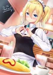 Rule 34 | 1girl, apron, blonde hair, blue eyes, blush, breasts, brooch, closed mouth, coffee cup, collared shirt, commentary request, commission, cup, disposable cup, food, frown, hair between eyes, hayasaka ai, heart, heart hands, jewelry, kaguya-sama wa kokurasetai ~tensai-tachi no renai zunousen~, long sleeves, looking at viewer, maid, maid apron, maid headdress, medium breasts, miso (misomiso 154), omelet, omurice, one side up, plate, pout, shirt, skeb commission, solo, table, waist apron, white shirt, wing collar