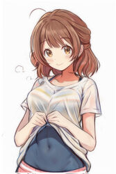 Rule 34 | 1girl, blush, breasts, brown hair, clothes lift, commentary request, covered navel, gakuen idolmaster, hair bun, hanami ume, idolmaster, large breasts, lifting own clothes, looking at viewer, nannacy7, shirt, shirt lift, simple background, single side bun, smile, solo, upper body, white background, white shirt