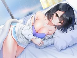 Rule 34 | 1girl, absurdres, bad id, bad pixiv id, bare shoulders, bed, bed sheet, bedroom, black hair, blanket, blue camisole, blue shorts, blush, boyshort panties, breasts, brown hair, camisole, cleavage, closed mouth, collarbone, collared shirt, commentary request, curtains, day, dress shirt, highres, indoors, large breasts, long sleeves, looking at viewer, lying, on bed, on side, open clothes, open shirt, original, panties, pillow, pov across bed, shiny skin, shirt, short hair, shorts, smile, solo, strap slip, underwear, white shirt, wing collar, yoruhoshi owl
