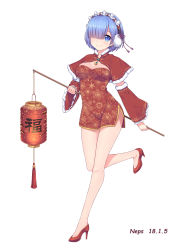 Rule 34 | 10s, 1girl, absurdres, alternate costume, artist name, bad id, bad pixiv id, blue eyes, blue hair, blush, breasts, capelet, china dress, chinese clothes, cleavage, closed mouth, dated, detached sleeves, dress, earmuffs, earrings, frilled sleeves, frills, full body, fur-trimmed capelet, fur-trimmed sleeves, fur trim, hair over one eye, hair ribbon, hairband, high heels, highres, holding, jewelry, lampion, lantern, leg up, lolita hairband, long sleeves, looking at viewer, medium breasts, neps-l, no legwear, no socks, print dress, re:zero kara hajimeru isekai seikatsu, red dress, red footwear, rem (re:zero), ribbon, short dress, short hair, side slit, simple background, smile, solo, standing, standing on one leg, tareme, tassel, translated, white background, wide sleeves