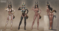 Rule 34 | 1girl, animal ears, ass, black hair, bracer, braid, breasts, bunny and fox world, butt crack, circlet, cleavage, commission, dark-skinned female, dark skin, egyptian, full body, garter straps, genkai zero, hand on own hip, high heels, highres, hip focus, large breasts, legs, legs apart, long hair, looking at viewer, looking back, midriff, multicolored hair, multiple views, navel, nipples, nude, pelvic curtain, smile, standing, stomach, tail, thighhighs, thighs, twin braids, two-tone hair, uncensored, watermark, yellow eyes
