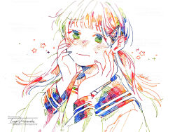 Rule 34 | 1girl, :|, absurdres, artist name, ballpoint pen (medium), blush, closed mouth, colored lineart, cross, english text, fingernails, hair ornament, hairclip, hands on own cheeks, hands on own face, hands up, highres, long hair, long sleeves, looking at viewer, low twintails, multicolored hair, original, pen (medium), romaji text, sailor collar, school uniform, serafuku, simple background, sketch, sleeve cuffs, solo, star (symbol), sweat, traditional media, twintails, upper body, watanabe tomari, white background, white serafuku
