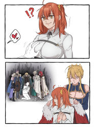 Rule 34 | !, !?, 2koma, 3girls, 4boys, ?, ahoge, artoria pendragon (fate), artoria pendragon (lancer) (fate), bedivere (fate), grabbing another&#039;s breast, breasts, cleavage, comic, fate/grand order, fate (series), fujimaru ritsuka (female), gawain (fate), grabbing, heart, highres, instant loss, knights of the round table (fate), kulissara-aung, lancelot (fate/grand order), large breasts, mash kyrielight, medium breasts, multiple boys, multiple girls, surprised, sword, tristan (fate), weapon
