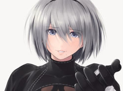 Rule 34 | bad id, bad pixiv id, black dress, black hairband, blue eyes, clothing cutout, dress, eyebrows, gloves, hair between eyes, hairband, juliet sleeves, lips, long sleeves, looking at viewer, mole, mole under mouth, nier:automata, nier (series), no blindfold, open mouth, outstretched arm, puffy sleeves, racto, seams, silver hair, solo, white background, 2b (nier:automata)