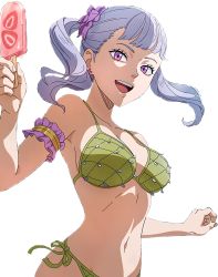Rule 34 | 1girl, bikini, black clover, breasts, cropped, earrings, eyelashes, food, green scales, highres, ice cream, jewelry, large breasts, looking at viewer, noelle silva, official art, pink eyes, ribbon, simple background, smile, swimsuit, transparent background, twintails, white hair