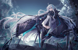 Rule 34 | 1girl, absurdly long hair, absurdres, black footwear, black gloves, blue eyes, blue hair, boots, cloud, day, dress, dutch angle, floating hair, from below, full body, gloves, hair between eyes, highres, holding, holding weapon, long hair, long sleeves, multicolored hair, open mouth, original, outdoors, shichigatsu, short dress, solo, standing, thigh boots, thighhighs, twintails, two-tone hair, very long hair, weapon, white dress, white hair, zettai ryouiki