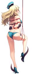 Rule 34 | 1girl, absurdres, arms behind back, ass, atago (kancolle), back, bare back, bare legs, bare shoulders, bdsm, bikini, black gloves, blonde hair, blue bikini, blue footwear, blue hat, blush, bondage, bound, bound arms, bound legs, breasts, bright pupils, dimples of venus, from behind, full body, gloves, green eyes, hat, high heels, highres, kaddo, kantai collection, leg up, long hair, looking at viewer, looking back, medium breasts, open mouth, sailor hat, shibari, signature, simple background, skindentation, solo, standing, standing on one leg, sweat, swimsuit, underboob, white background