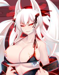 Rule 34 | 1girl, animal ears, bare shoulders, breasts, cleavage, collarbone, commentary request, fangs, fox ears, fox tail, glowing, glowing eyes, highres, large breasts, long hair, looking at viewer, mole, mole under eye, naughty face, ofuda, ofuda on nipples, original, pasties, raised eyebrows, red eyes, robe, shiki (psychedelic g2), smile, solo, tail, translation request, white hair