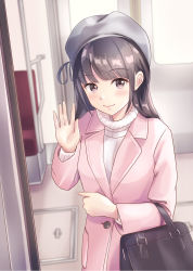 Rule 34 | 1girl, bag, beret, black hair, blurry, blurry background, brown eyes, closed mouth, coat, commentary request, depth of field, grey hat, hand up, hat, highres, long hair, long sleeves, looking at viewer, original, pink coat, ribbed sweater, smile, solo, sweater, train interior, turtleneck, turtleneck sweater, upper body, white sweater, yukimaru217