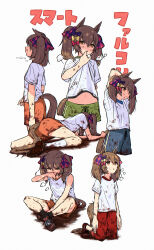 Rule 34 | 1girl, absurdres, animal ears, appleq, blue shorts, bow, brown eyes, brown hair, clothes lift, clothing cutout, commentary request, crossed legs, dirt, dirty, dirty face, dirty footwear, green shorts, hair bow, highres, horse ears, horse girl, horse tail, lifting own clothes, medium hair, midriff peek, mud, multiple hair bows, multiple views, navel, on ground, orange shorts, red shorts, shirt, shirt lift, shoes, short sleeves, shorts, simple background, smart falcon (umamusume), sneakers, socks, stretching, tail, tail through clothes, tracen training uniform, twintails, umamusume, white background, white shirt, white socks