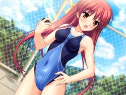 Rule 34 | 1:02am, 1girl, :d, armpits, atelier kaguya, blush, breasts, chain-link fence, cloud, competition swimsuit, covered navel, day, dutch angle, fence, game cg, hair ribbon, hand on own hip, impossible clothes, impossible swimsuit, long hair, medium breasts, minase rin, navel, one-piece swimsuit, open mouth, outdoors, pool, poolside, red hair, ribbon, skin tight, sky, smile, solo, splash!, standing, stopwatch, striped clothes, striped one-piece swimsuit, swimsuit, timer, very long hair, watch, yellow eyes