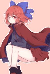 Rule 34 | 1girl, black shirt, blue bow, bow, cape, commentary, eyelashes, hair bow, highres, long sleeves, looking at viewer, miniskirt, one-hour drawing challenge, ponta (wwtaimeww), red cape, red eyes, red hair, red skirt, sekibanki, shirt, short hair, skirt, solo, thighs, touhou
