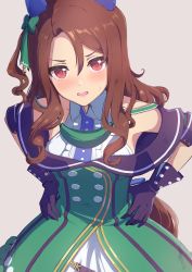 Rule 34 | 1girl, alisia0812, animal ears, black gloves, blush, bow, brown hair, commentary request, dress, ear covers, ear ribbon, gloves, green bow, green dress, grey background, hands on own hips, highres, horse ears, horse girl, horse tail, king halo (umamusume), long hair, looking at viewer, red eyes, solo, sweatdrop, tail, umamusume